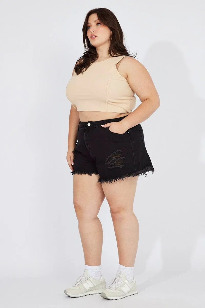 African Bold Soft Inner Lining Black Relaxed Denim Shorts High Rise