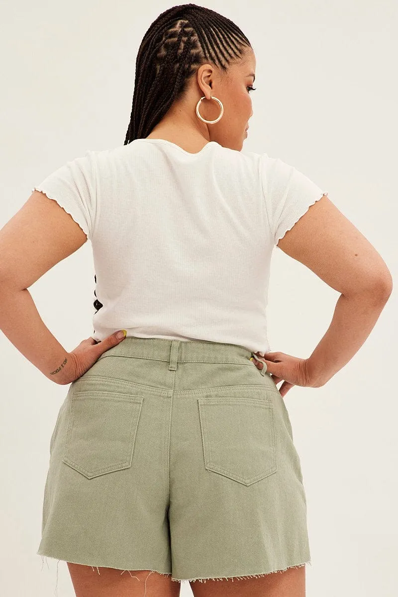 Summer Wear Green Relaxed Denim Shorts High Rise Side Slit