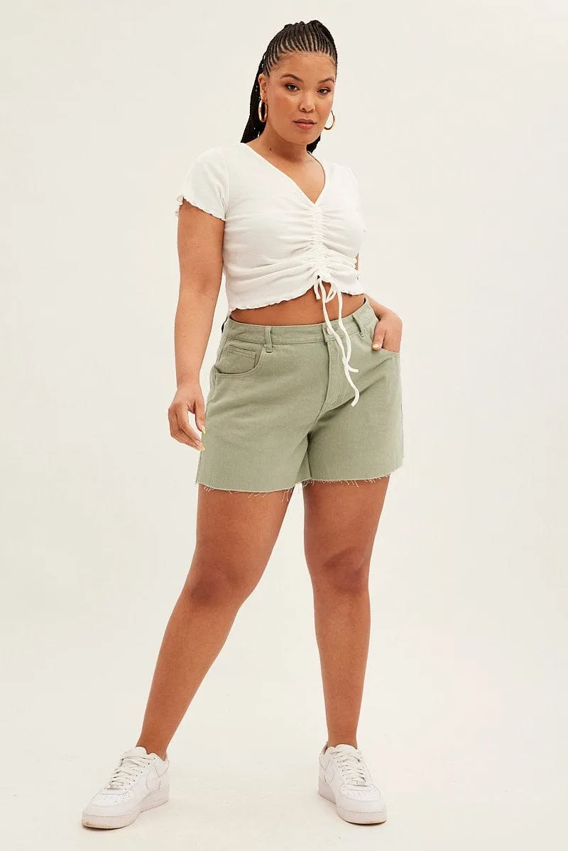 Green Relaxed Denim Shorts High Rise Side Slit Comfort Wear Swim Easy
