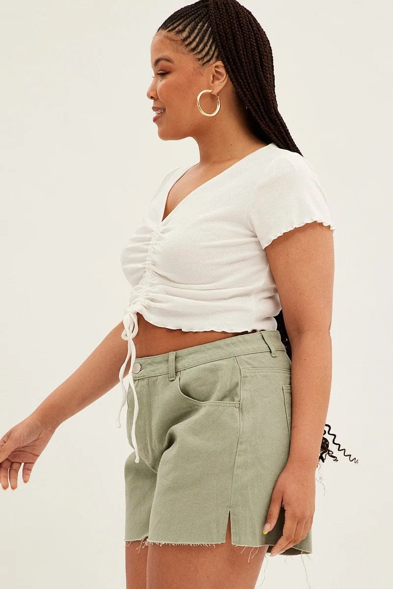 Green Relaxed Denim Shorts High Rise Side Slit Holiday Glow Flexible Material