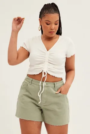 Green Relaxed Denim Shorts High Rise Side Slit World Glow