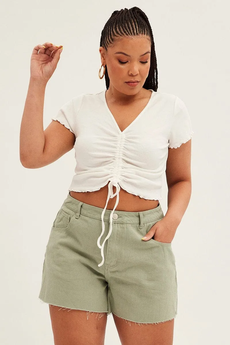 Green Relaxed Denim Shorts High Rise Side Slit World Glow