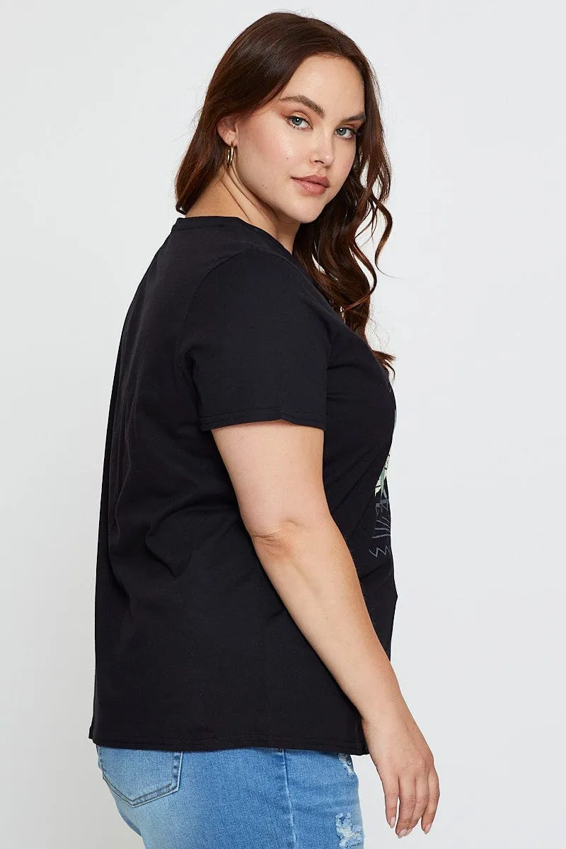 Practical Design Black Graphic T-shirt Short Sleeve Cotton