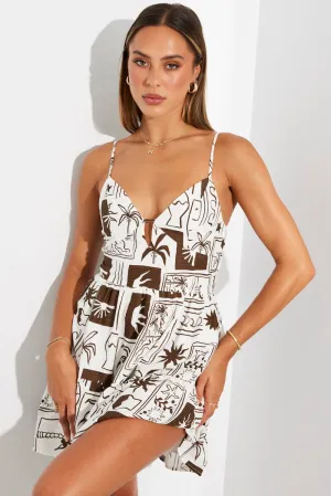 Brown Abstract Fit And Flare Dress Sleeveless Practical Style