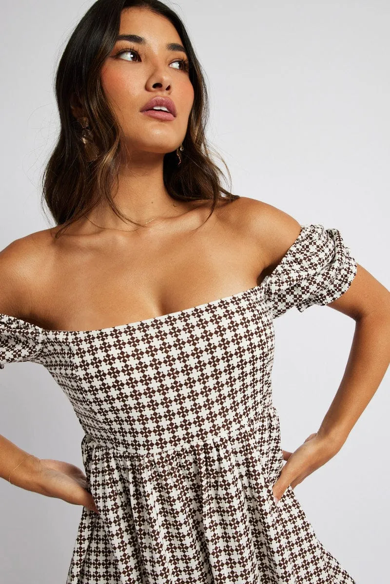Smile Glow Brown Geo Fit and Flare Dress Short Sleeve