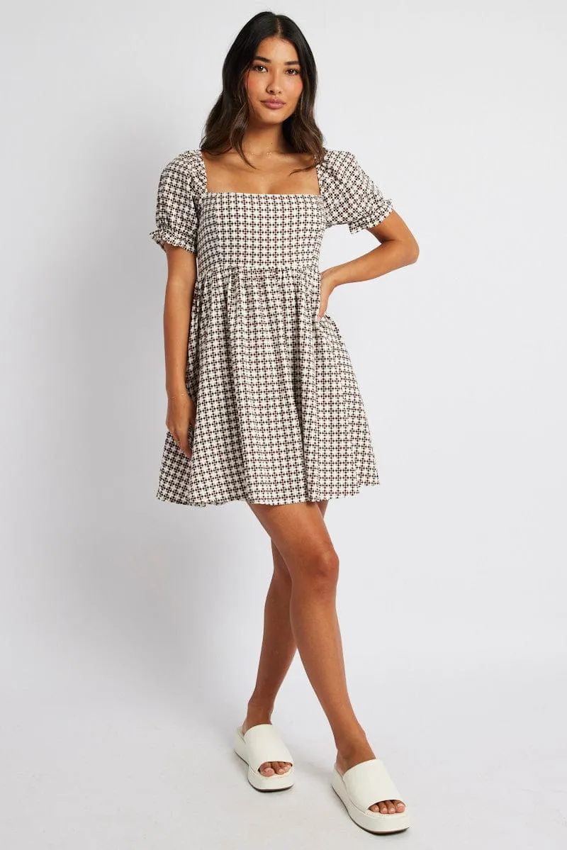 quick dry Brown Geo Fit and Flare Dress Short Sleeve