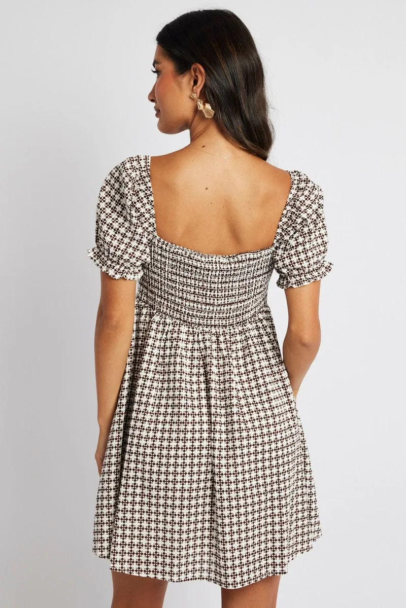 ElasticCuffDesign Meta Mood Brown Geo Fit and Flare Dress Short Sleeve