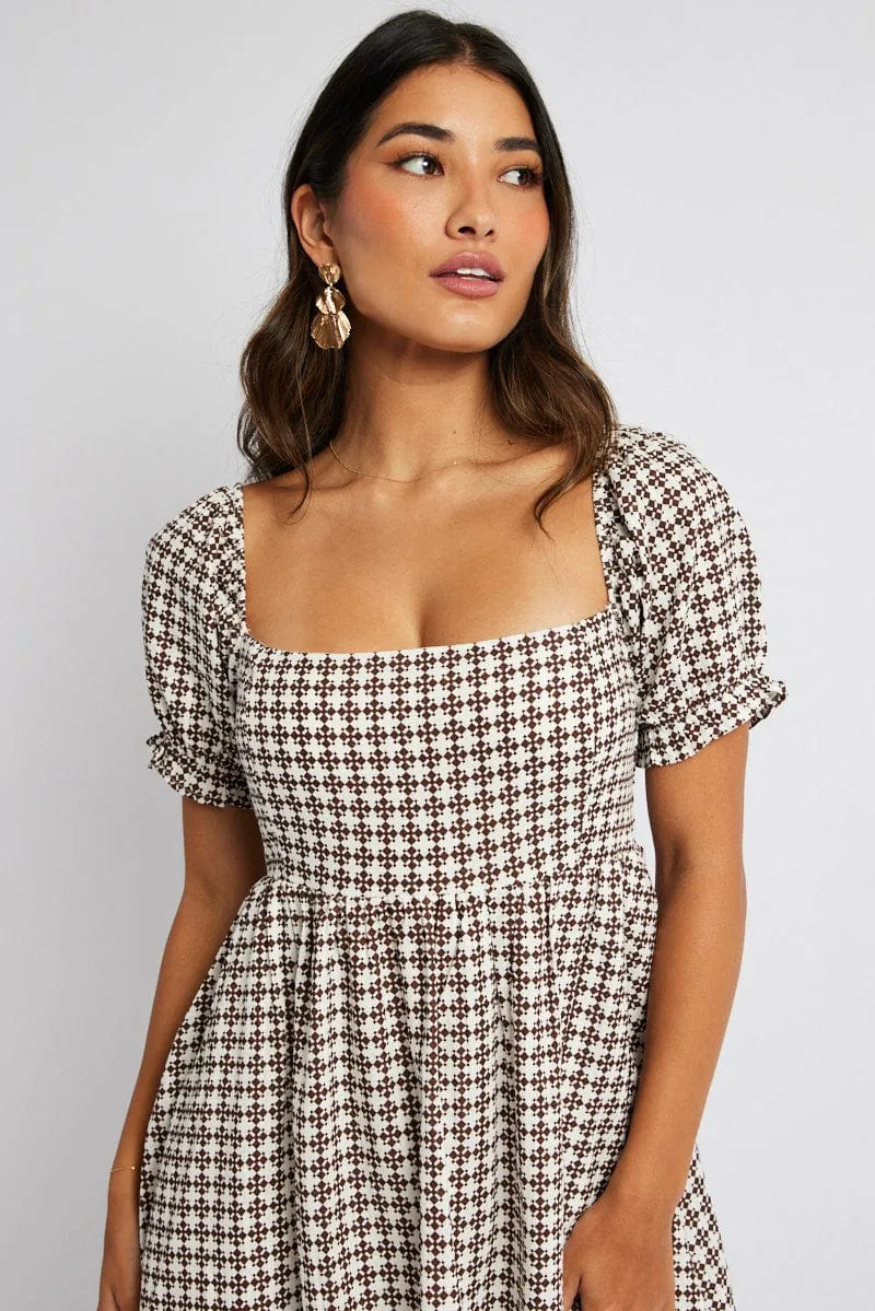Brown Geo Fit and Flare Dress Short Sleeve Timeless Cardigan