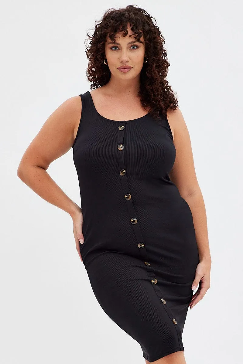 Polished Style Black Midi Dress Rib Sleeveless Button Through