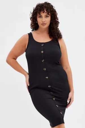 Polished Style Black Midi Dress Rib Sleeveless Button Through