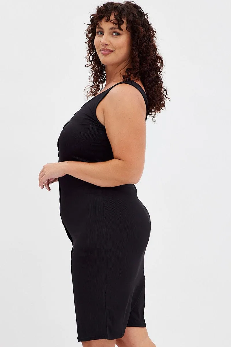 Black Midi Dress Rib Sleeveless Button Through Flattering Fit warm glow