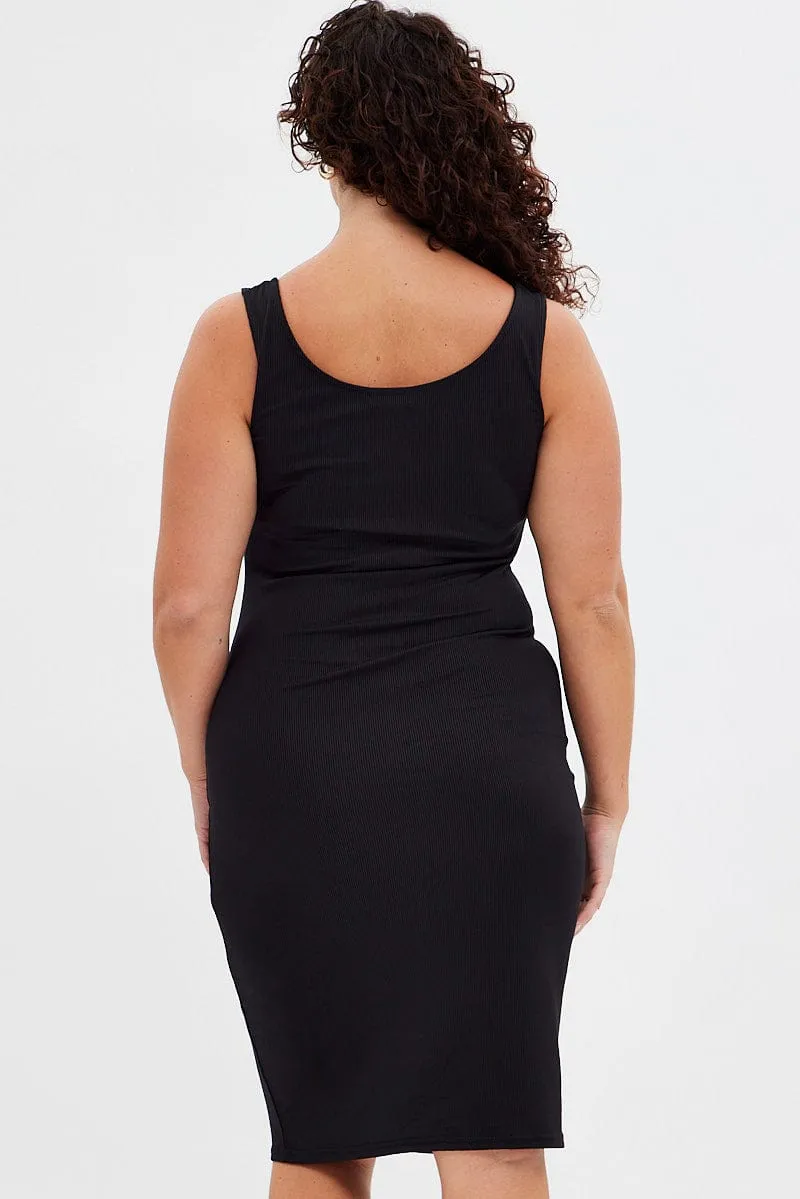 Grand Entry Snow Path Black Midi Dress Rib Sleeveless Button Through