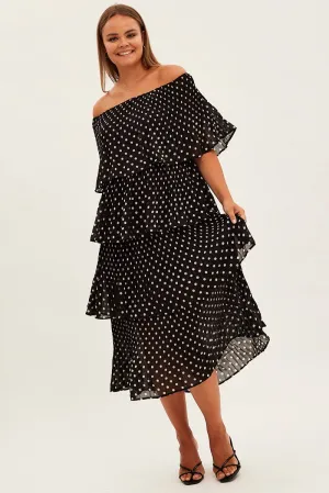 Sleek Fashion Black Polka Dot Midi Dress Off Shoulder Pleated