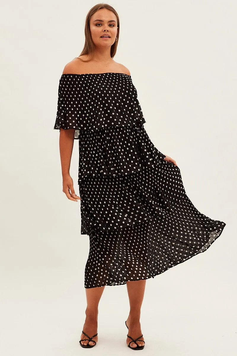 Black Polka Dot Midi Dress Off Shoulder Pleated Storm Sky Scandi Clean