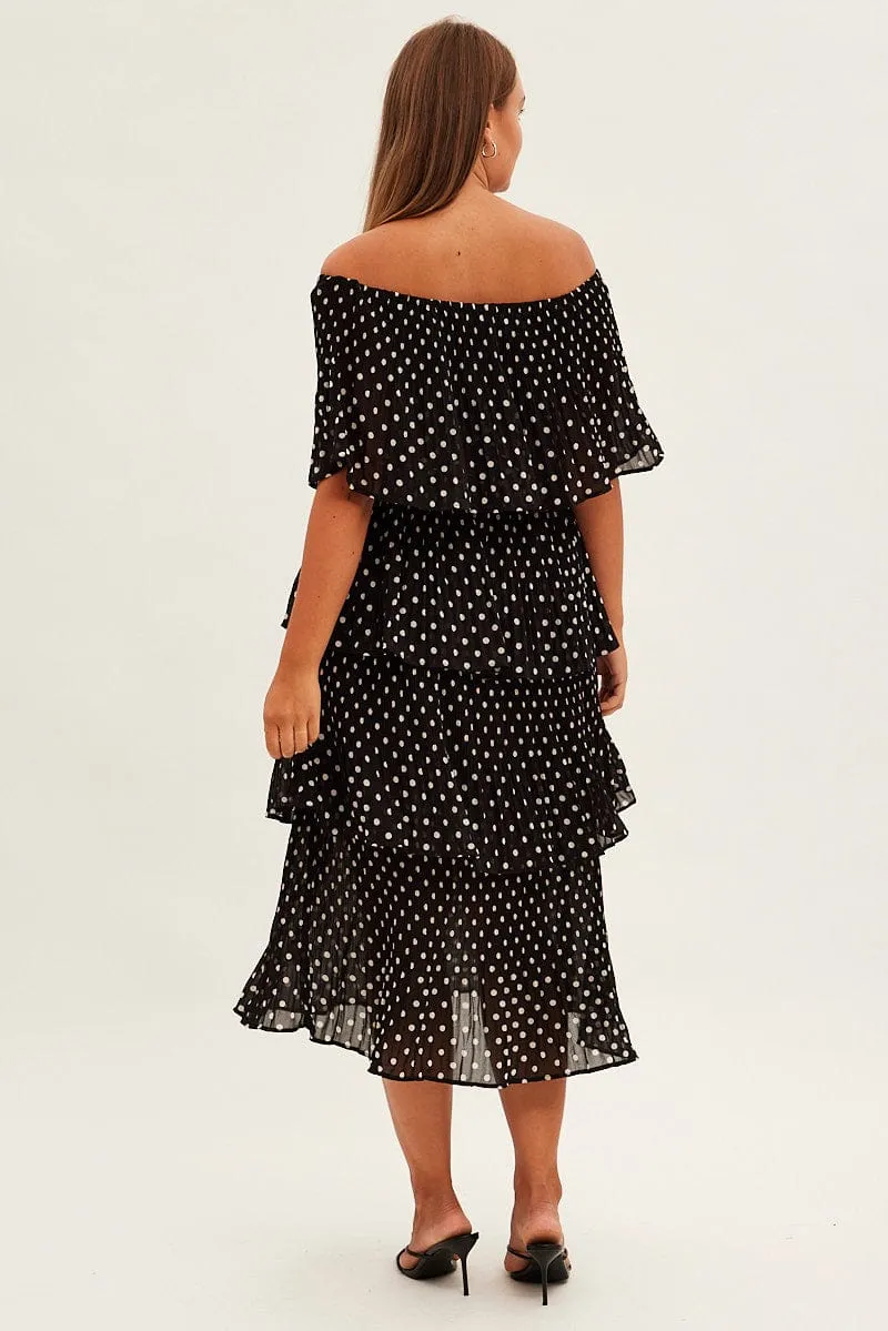 Classic Comfort Black Polka Dot Midi Dress Off Shoulder Pleated