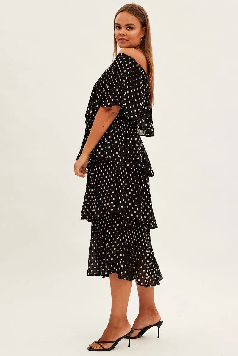 Black Polka Dot Midi Dress Off Shoulder Pleated Smart Chic Style Stylish dress for garden party