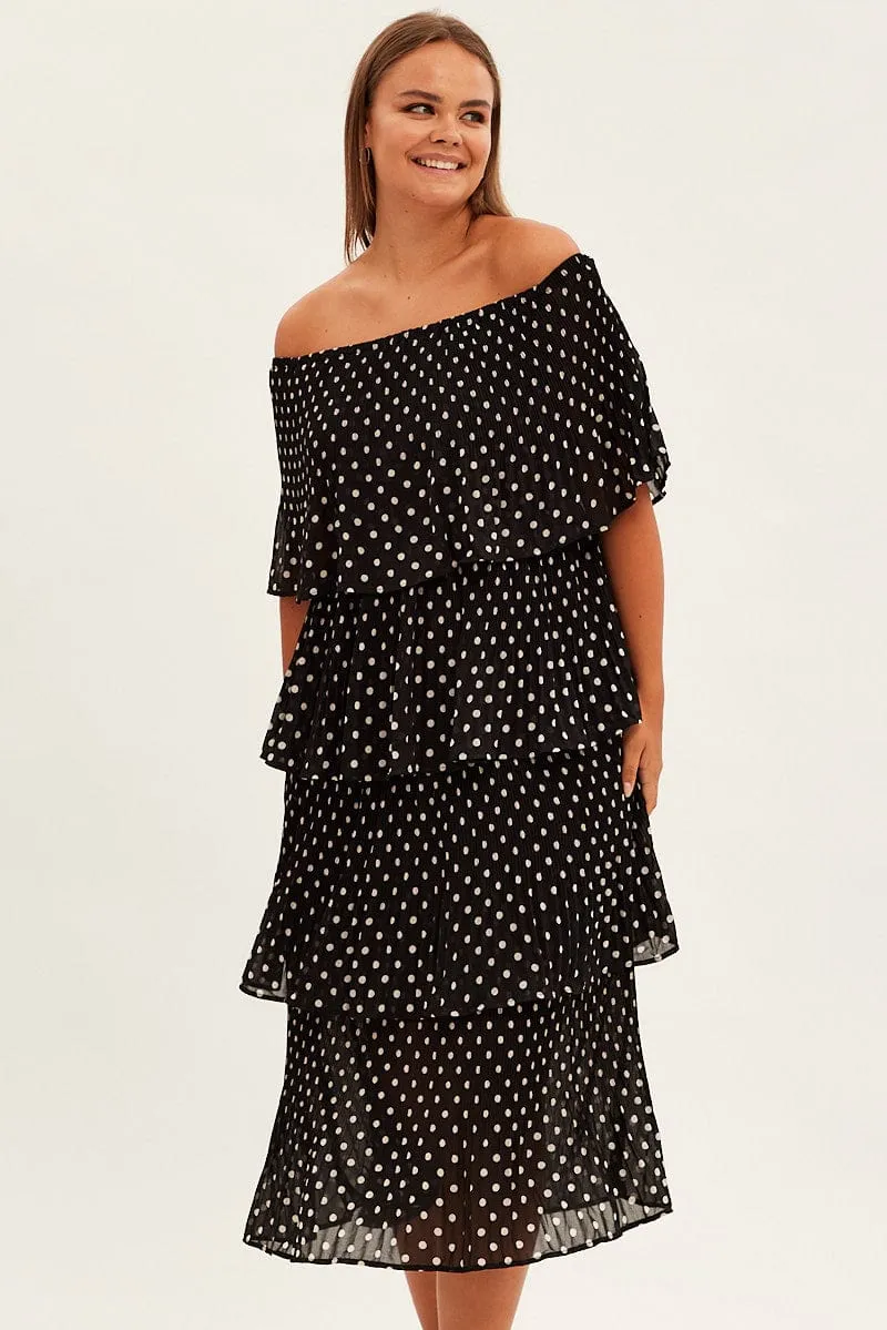 Black Polka Dot Midi Dress Off Shoulder Pleated Seasonal Comfort Practical travel midi