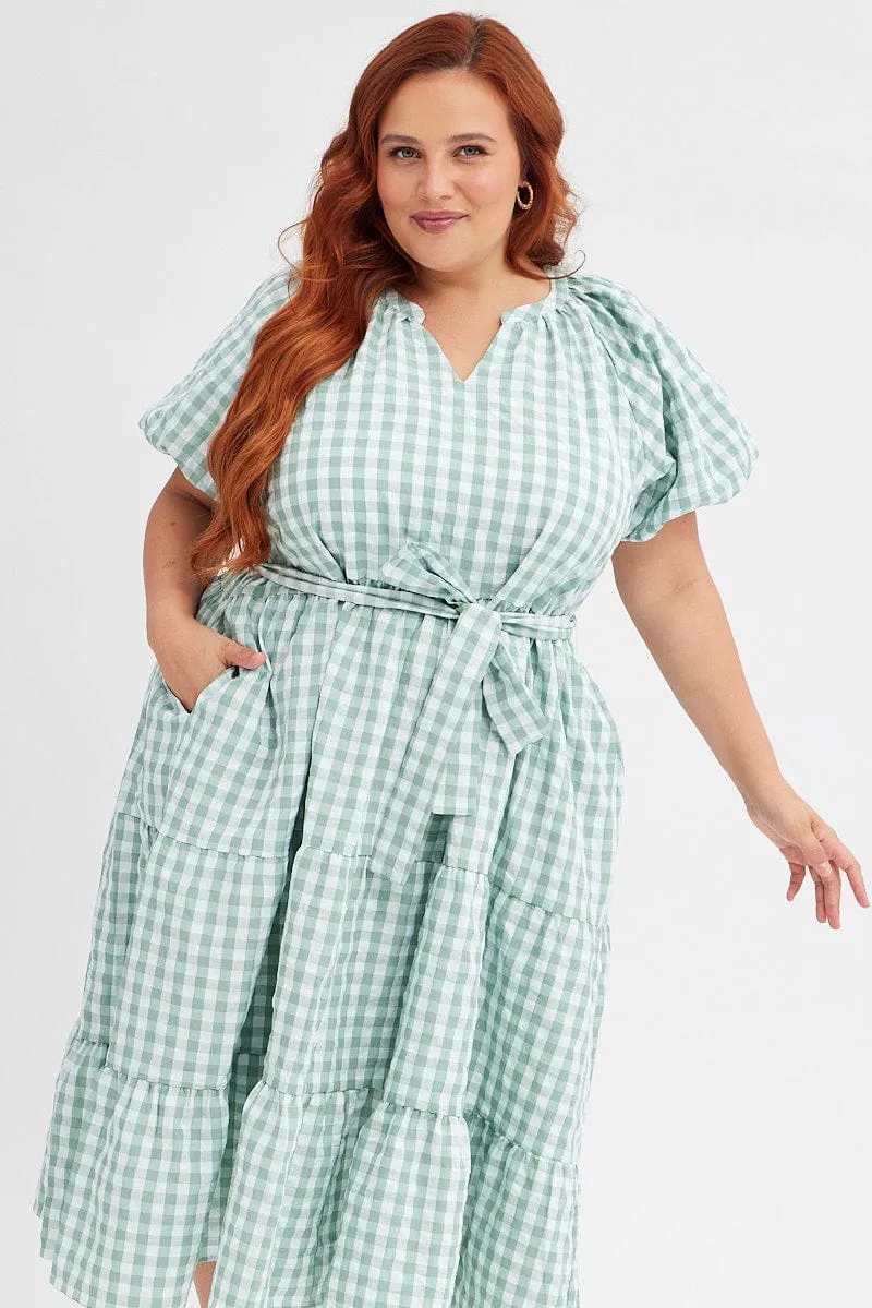 casual outing Green Check Midi Dress Gingham Tie Waist Collared