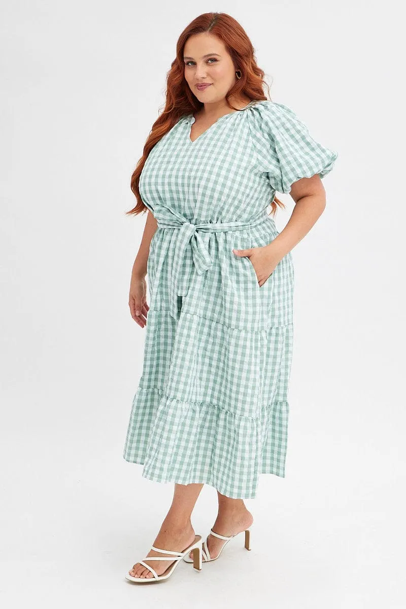 Green Check Midi Dress Gingham Tie Waist Collared Elegant Look Space Glow