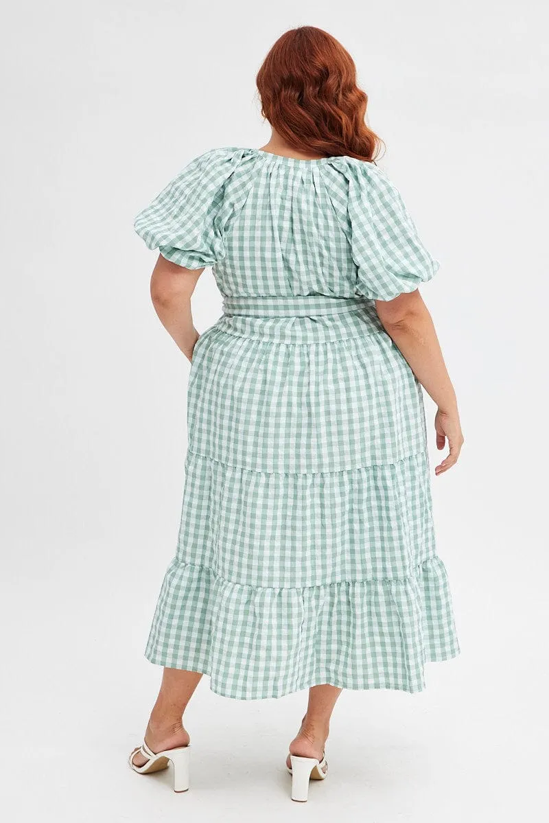 Heat Wave Green Check Midi Dress Gingham Tie Waist Collared