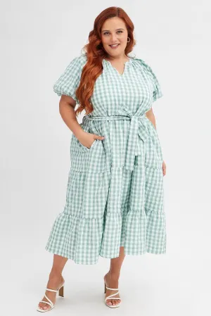Relaxed Design Green Check Midi Dress Gingham Tie Waist Collared