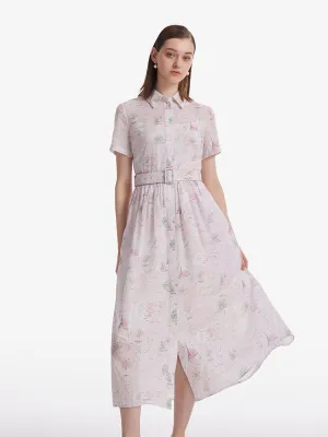 Tulle Light Map Print Women Midi Dress With Bottomed Dress And Belt