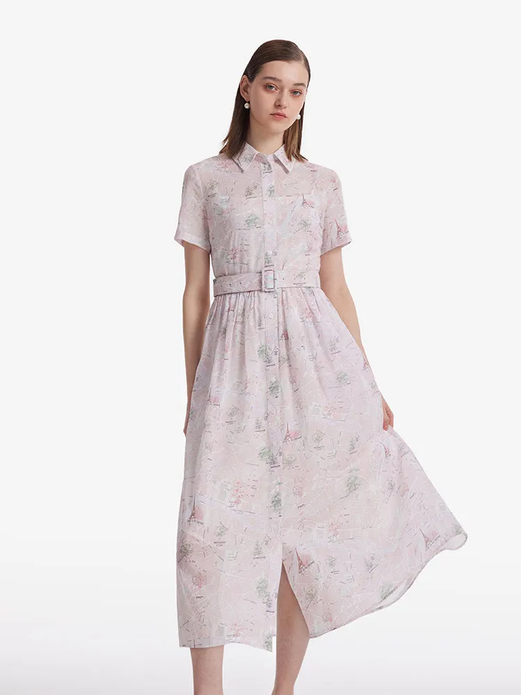 Map Print Women Midi Dress With Bottomed Dress And Belt Any Day Wear Smart Casual