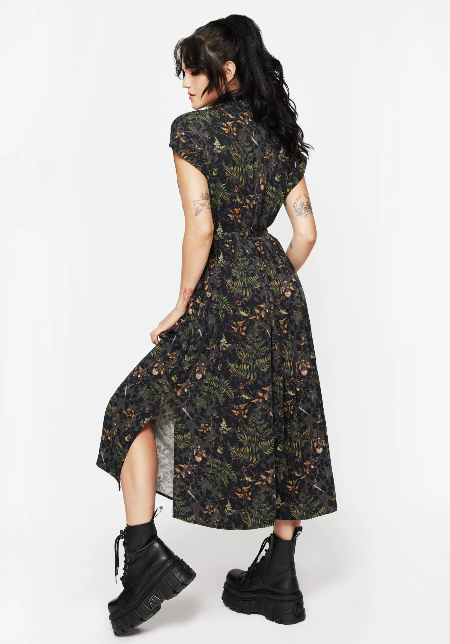 Wither Fern Print Midi Shirt Dress Dew Drop Petite Style