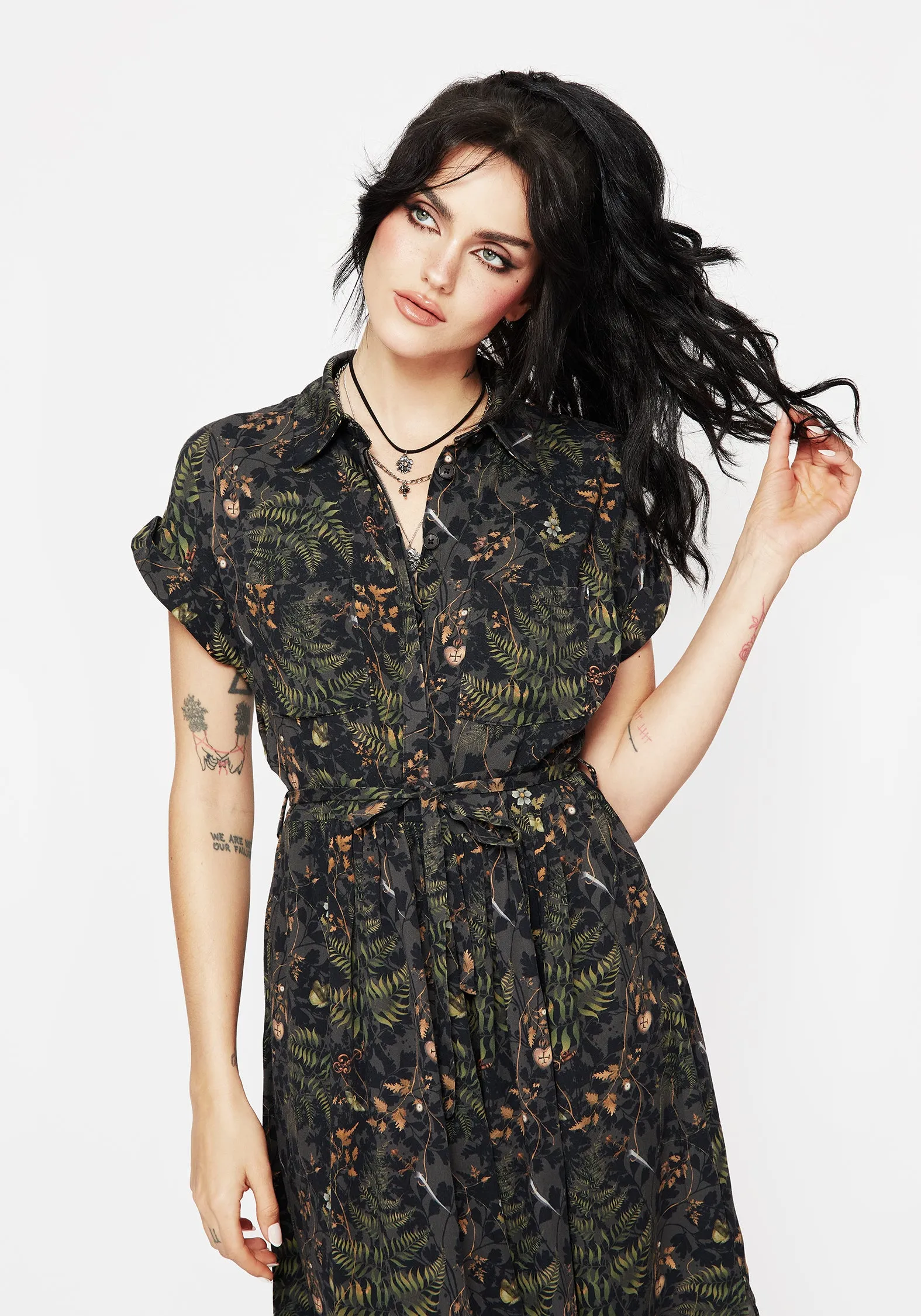 Wither Fern Print Midi Shirt Dress Modern Wardrobe Stage Grace