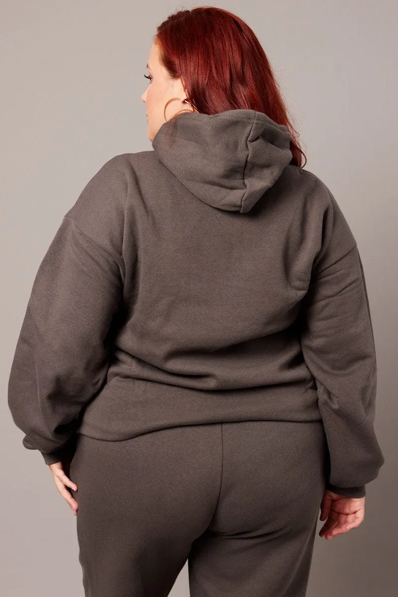 winter warmth Grey Sweat Hoodie Long Sleeve Embroidered Oversized