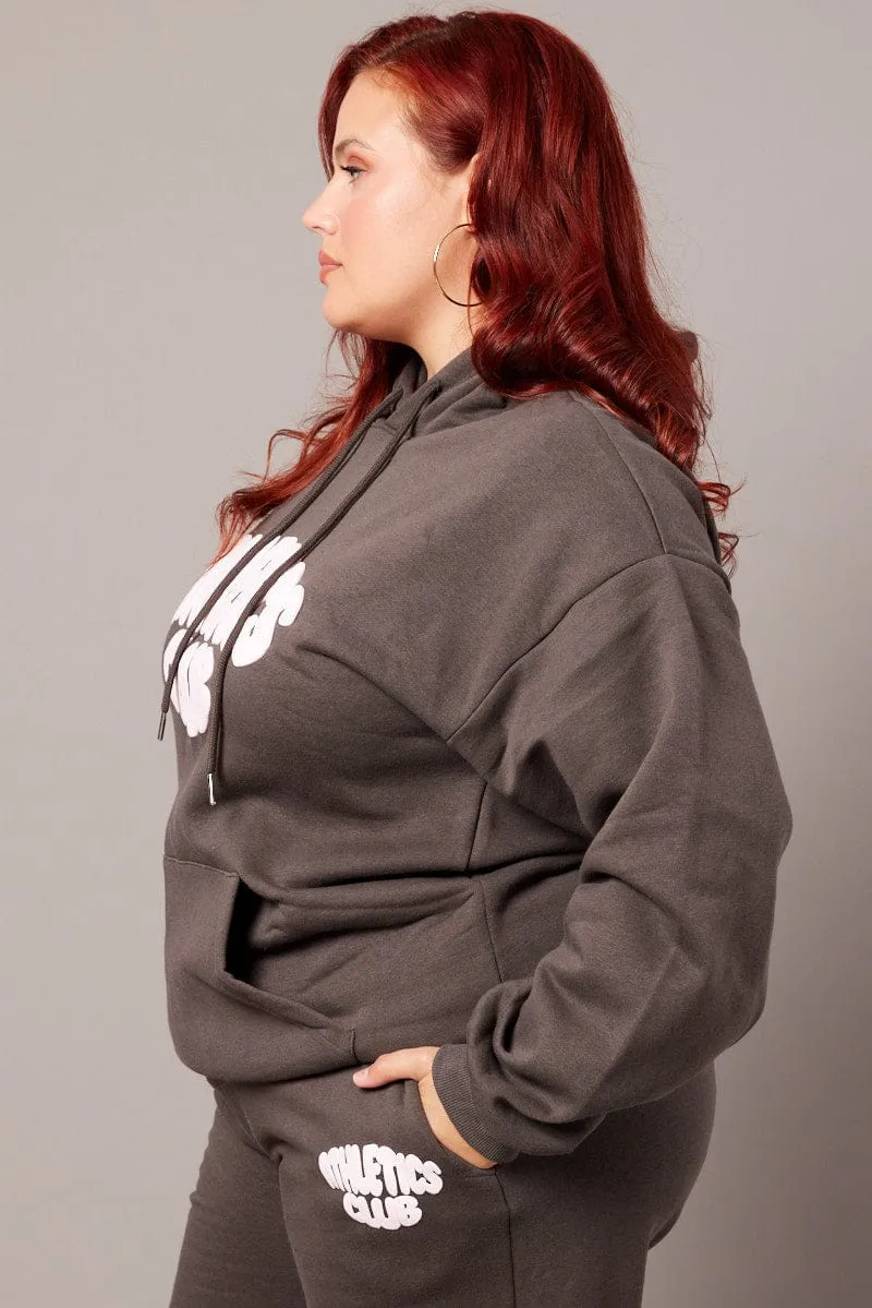 Active Wearable Long Sleeves Grey Sweat Hoodie Long Sleeve Embroidered Oversized