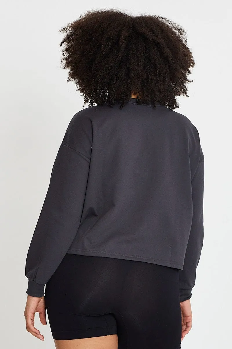 Grey Sleeve Sweatshirt New York City Crew Neck Long Buttoned