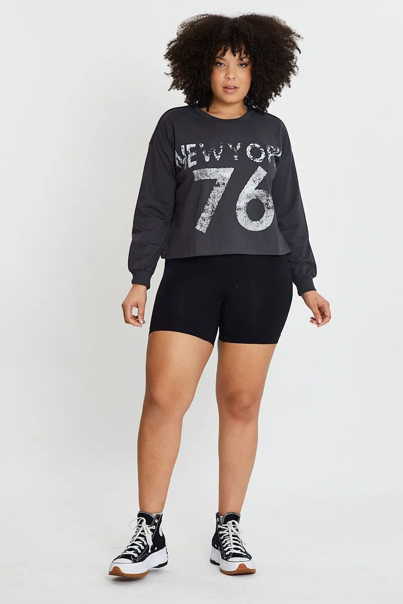 Functional Design Grey Sleeve Sweatshirt New York City Crew Neck Long
