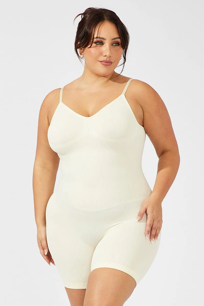 Beige Seamless Backless Sculpting Bodysuit Durable Reinforcements Sun Protection Fabric
