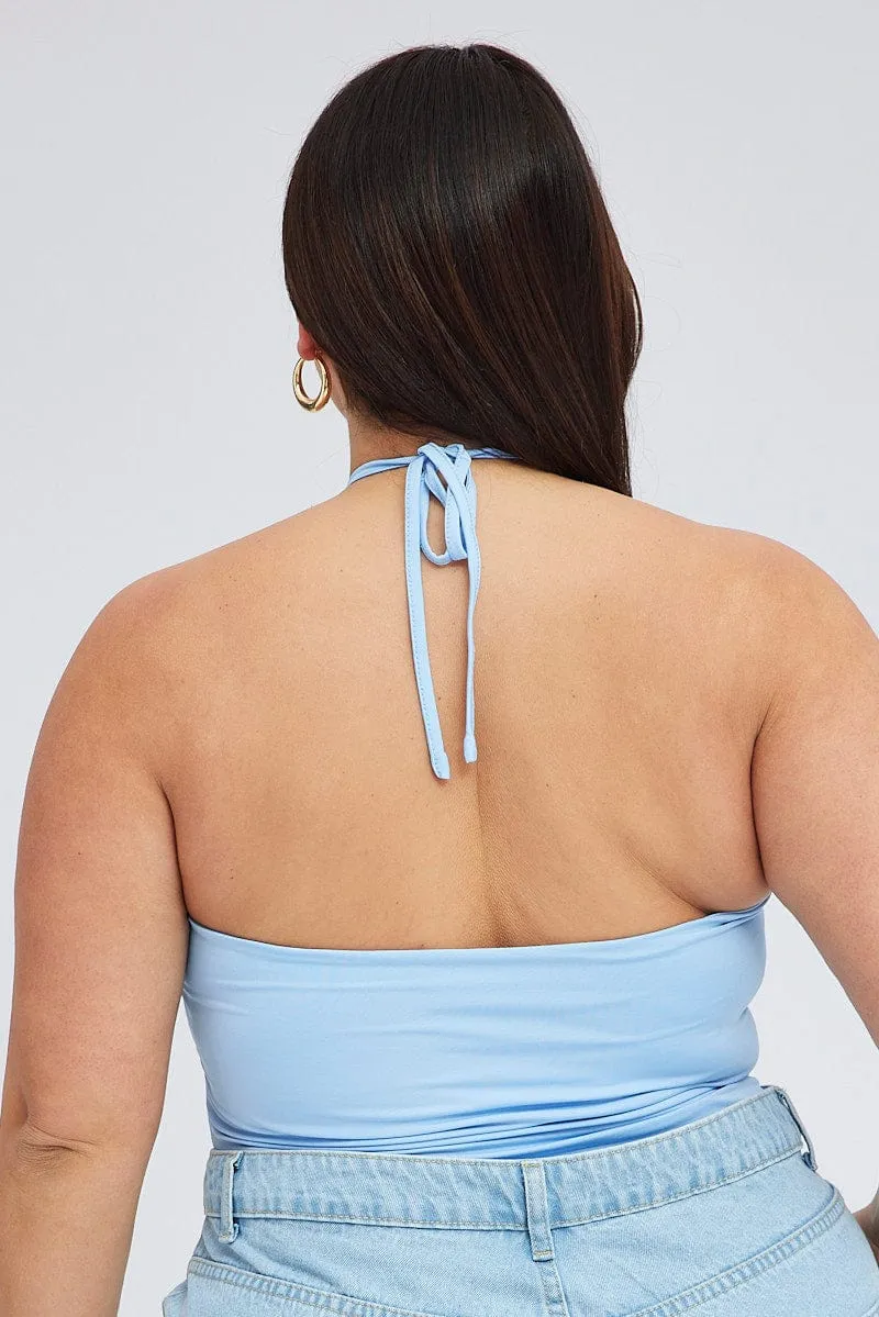 Blue Halter Bodysuit Ring Detail Jersey Modern Chic