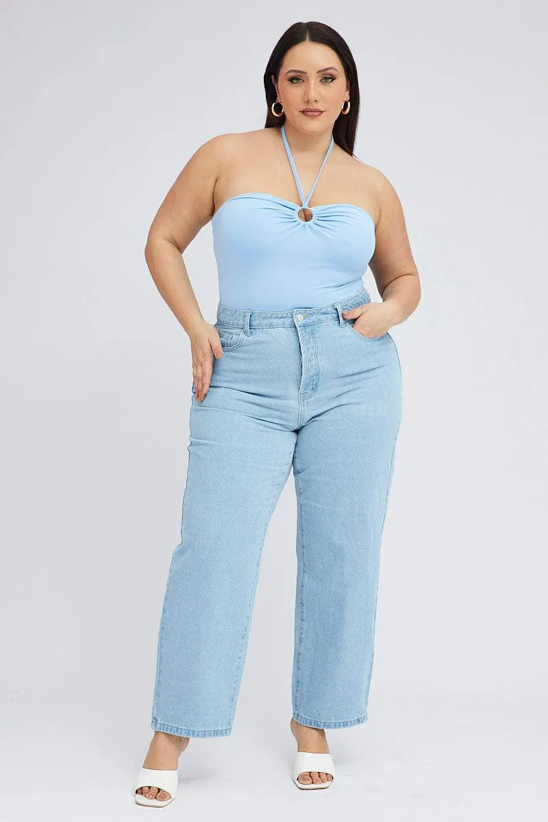 Blue Halter Bodysuit Ring Detail Jersey Placket Closure retro look