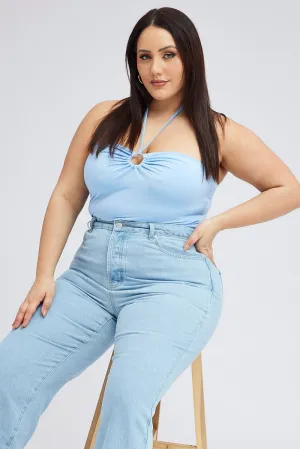 SoftTouch Blue Halter Bodysuit Ring Detail Jersey