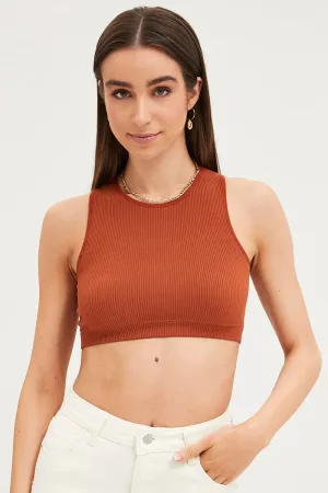 FlexibleMaterial Stretch Fabric Brown Tank Top Sleeveless Crew Neck