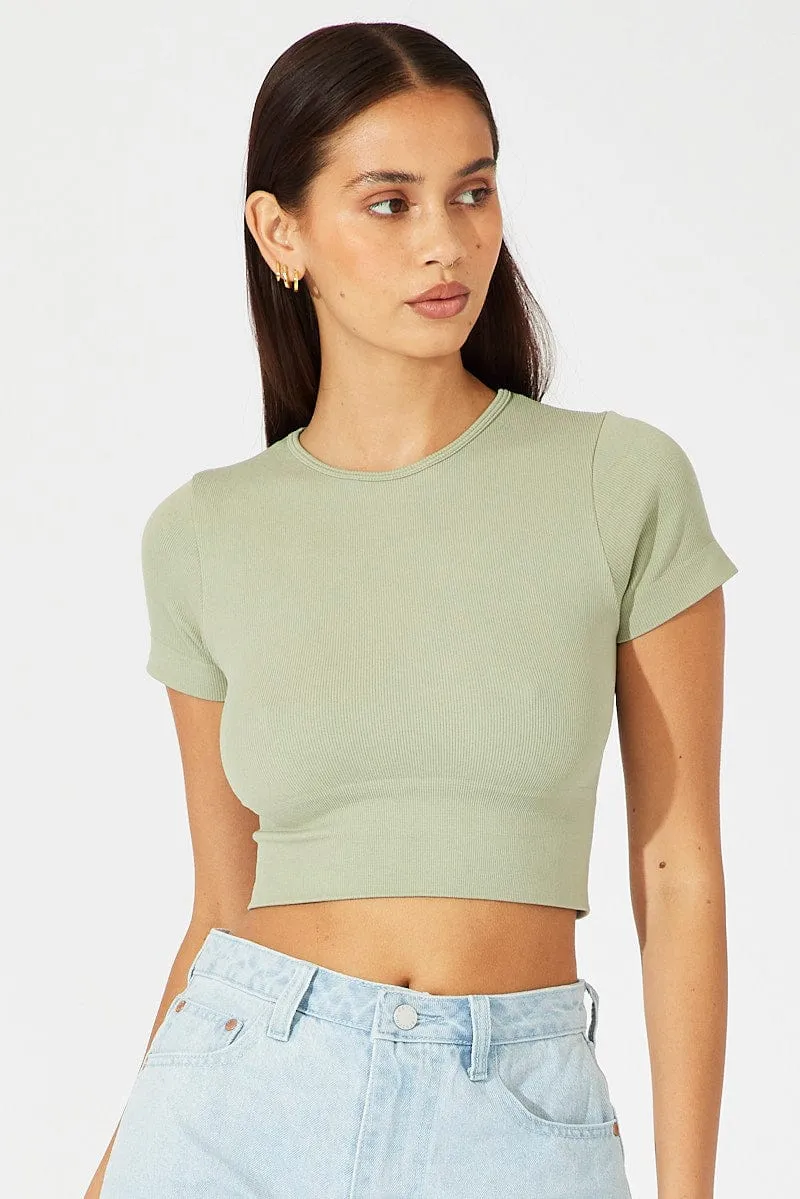 Green T Shirt Short Sleeve Crew Neck Seamless Flexible Fit