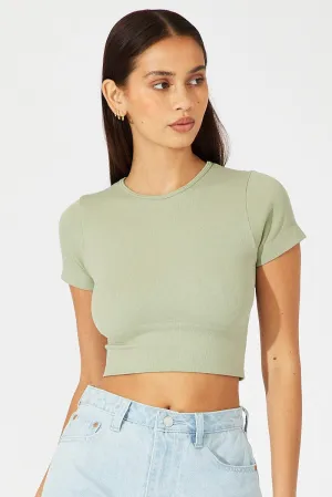 Green T Shirt Short Sleeve Crew Neck Seamless Flexible Fit
