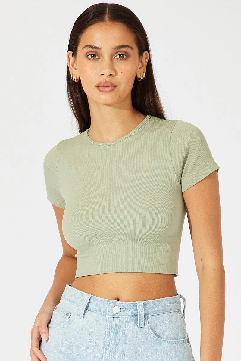 Green T Shirt Short Sleeve Crew Neck Seamless Sustainable Base Elastic cuffs
