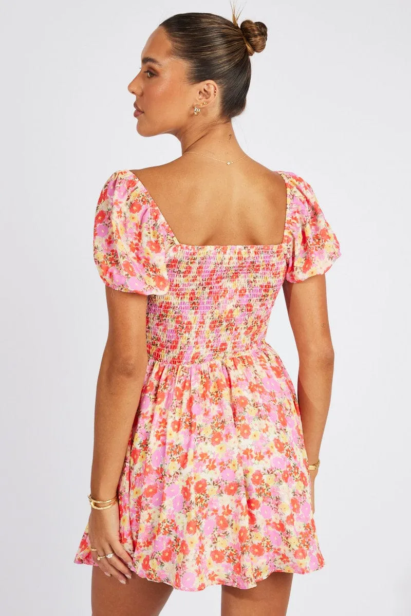 CompactPackableDesign Conscious Core Pink Floral Fit And Flare Dress Puff Sleeve Mini