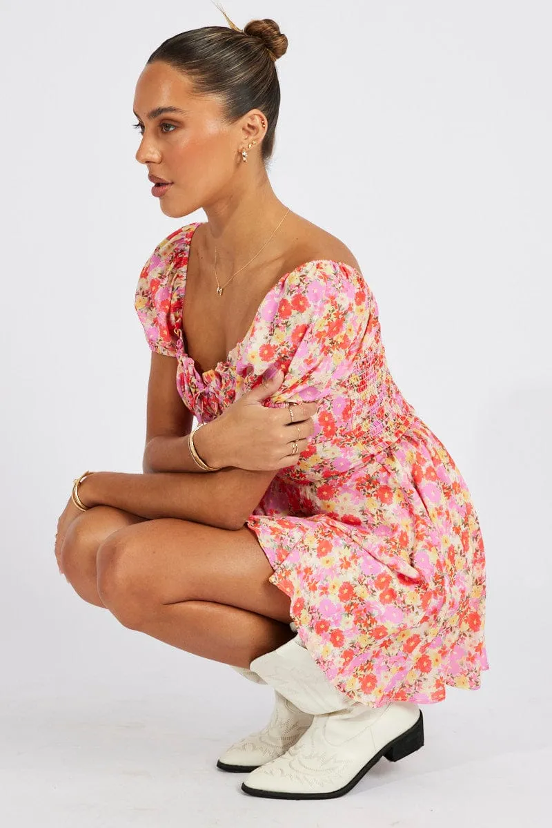 Stylish Hat Pink Floral Fit And Flare Dress Puff Sleeve Mini