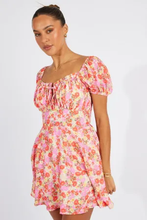 Windproof Fabric Pink Floral Fit And Flare Dress Puff Sleeve Mini