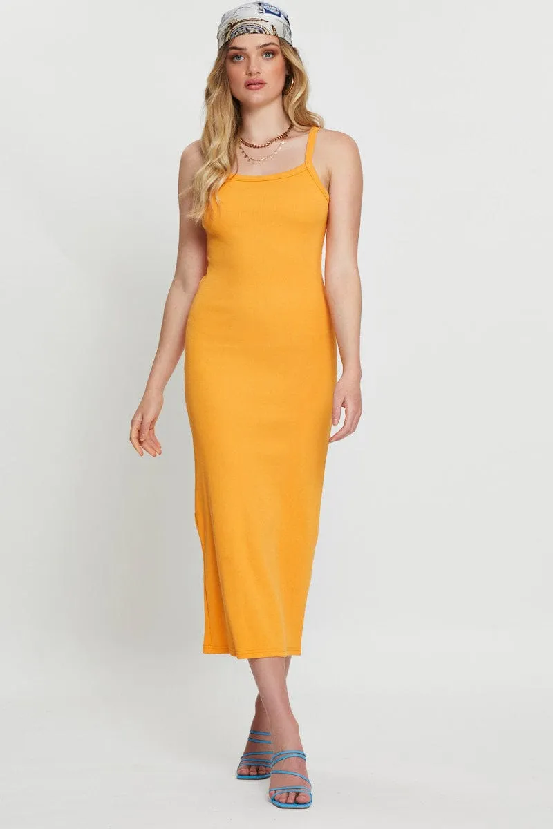Tough Core Orange Bodycon Dress Sleeveless Midi