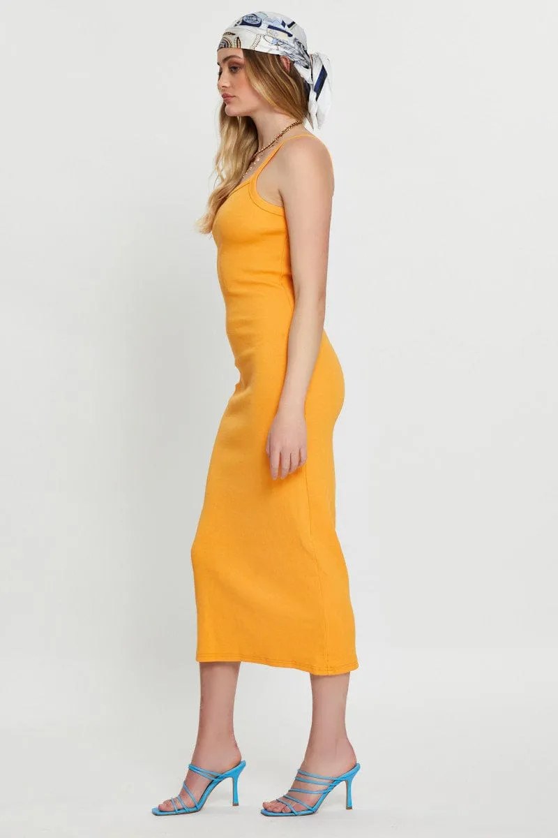 EasyAdjustStraps Orange Bodycon Dress Sleeveless Midi