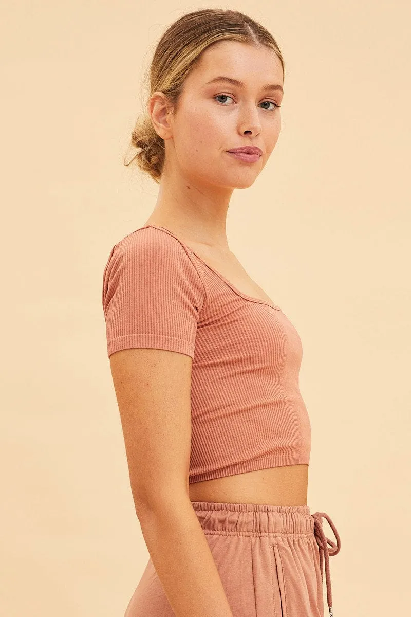 DoubleStitchReinforcement Orange Seamless T-Shirt Crop Short Sleeve Square Neck