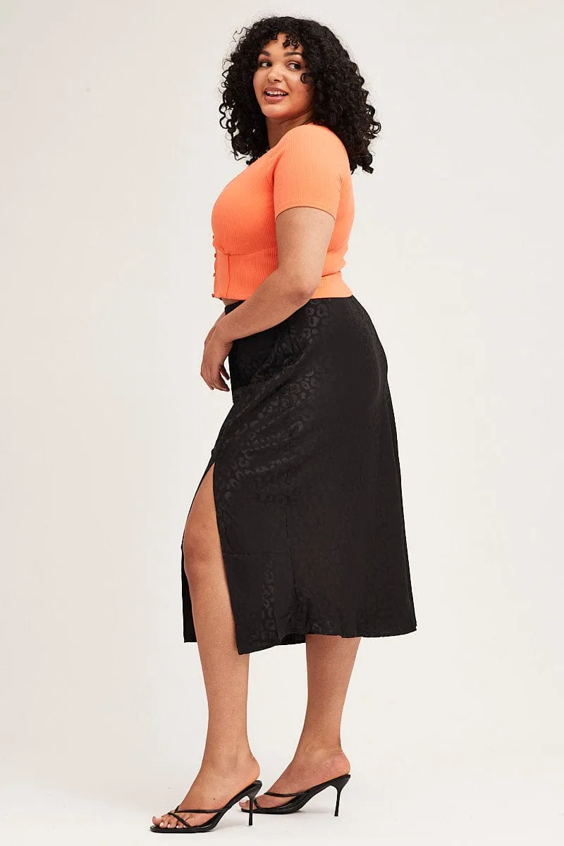 Black Slip Skirt Midi Elastic Waist Jacquard Satin Soft Texture