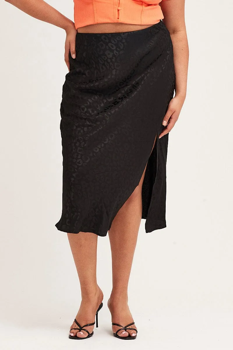 Double Layer Construction Black Slip Skirt Midi Elastic Waist Jacquard Satin