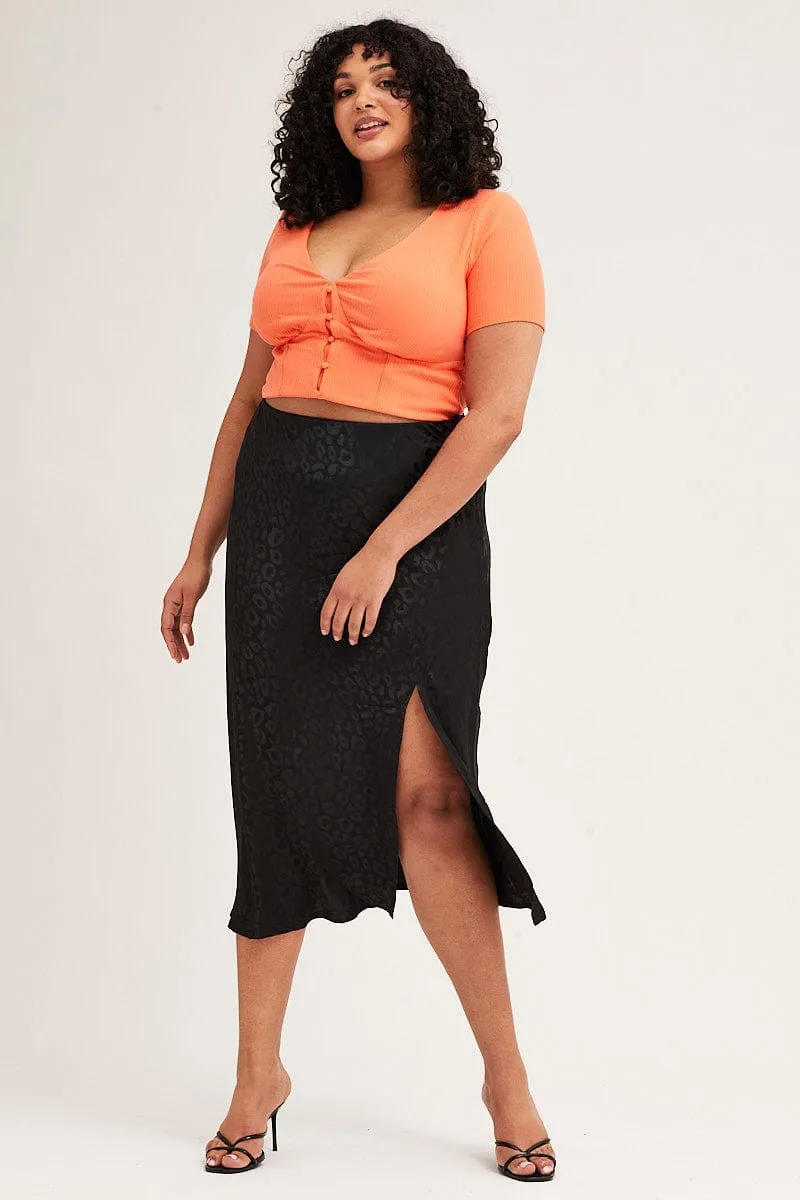 Black Slip Skirt Midi Elastic Waist Jacquard Satin Easy Layer perforated design